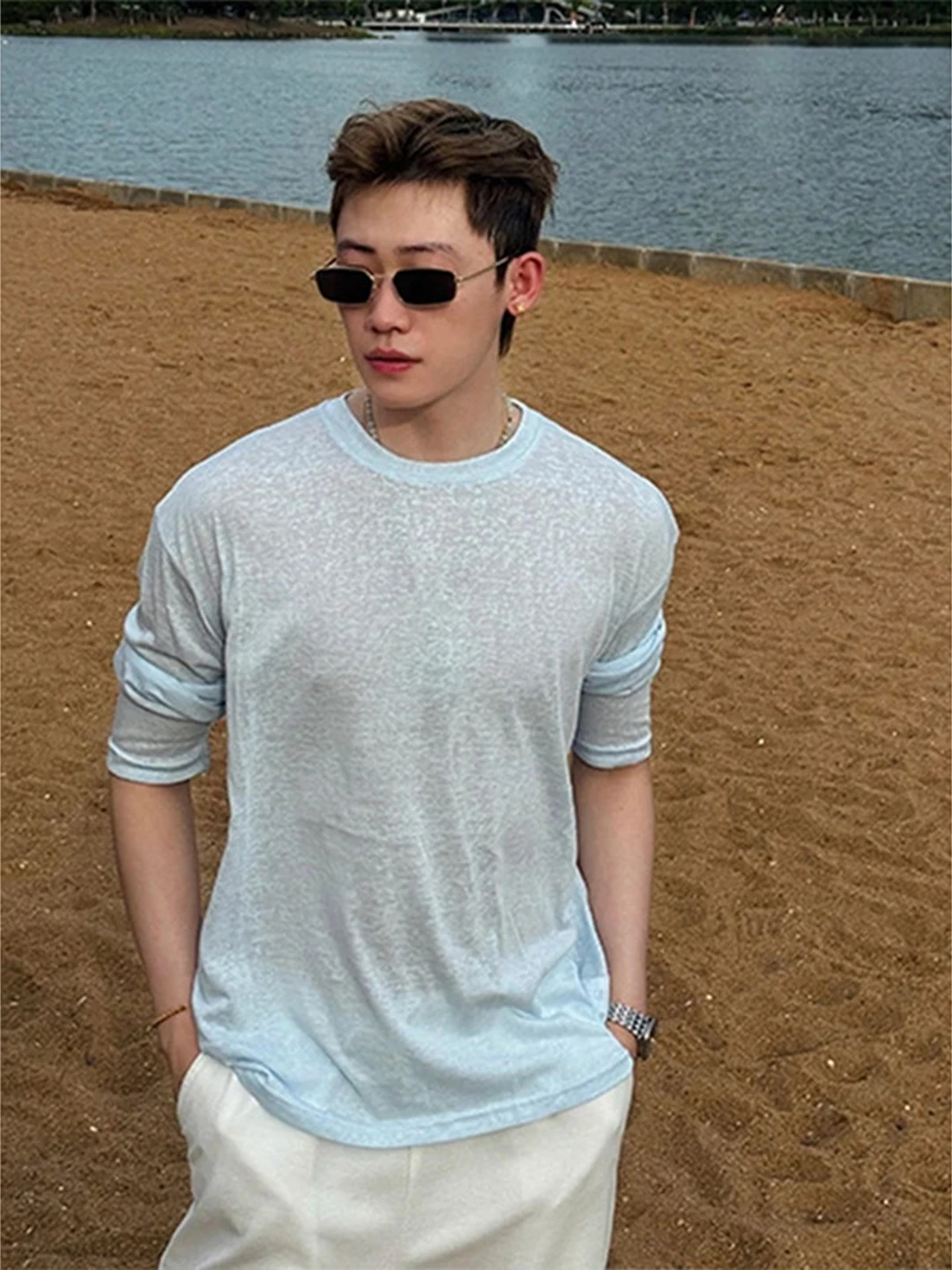 Loose Fit Long Sleeve Ice Silk T-Shirt Men's Summer Thin Style Lazy Casual Shirt Vacation Style Sun Protection Cover up