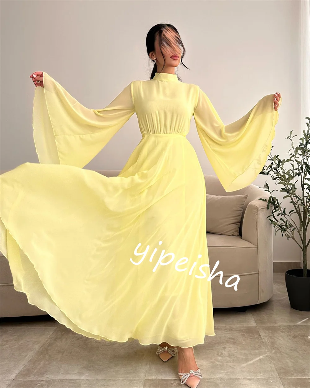 Avond Saudi Arabia Chiffon Ruffle Strand A-Lijn Hoge Kraag Op Maat Gemaakte Gelegenheidsjurk Midi Jurken