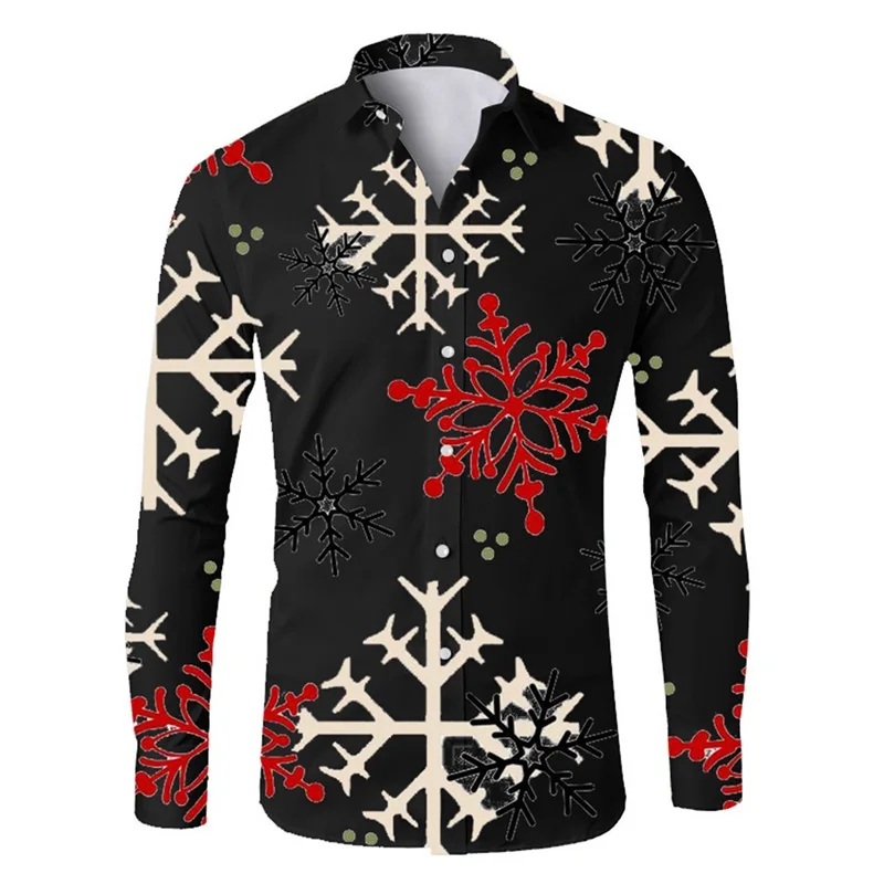 All Over Print Christmas Snowflake Men's Shirts Casual Single-Breasted Long Sleeve Blouses Shirts Streetwear Mens Lapel Tops
