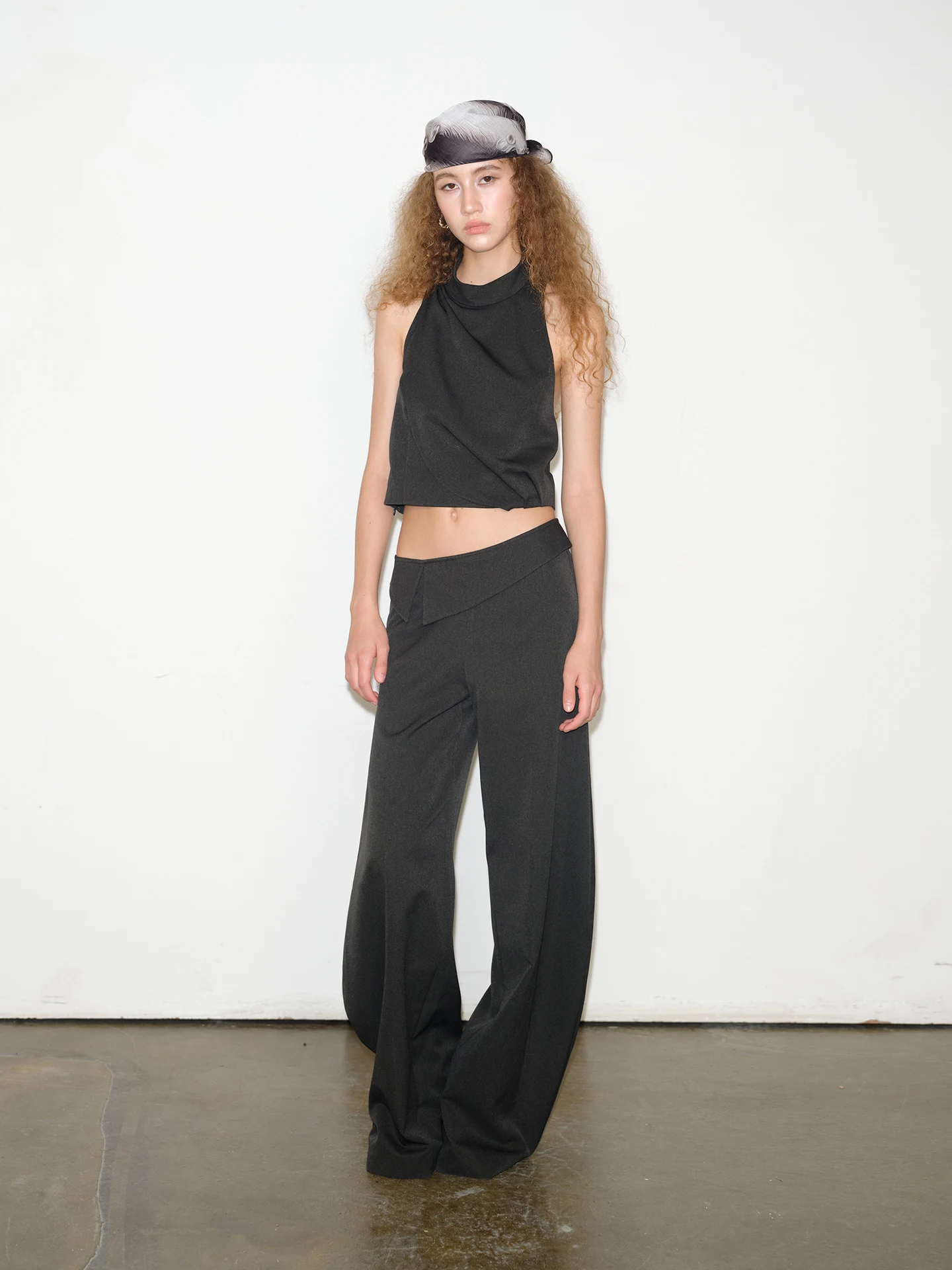 

Bla ey Loose Drapey Wide Leg Knife Pants Long Trousers Simple Design Folded Waist Head Casual Pants for Women