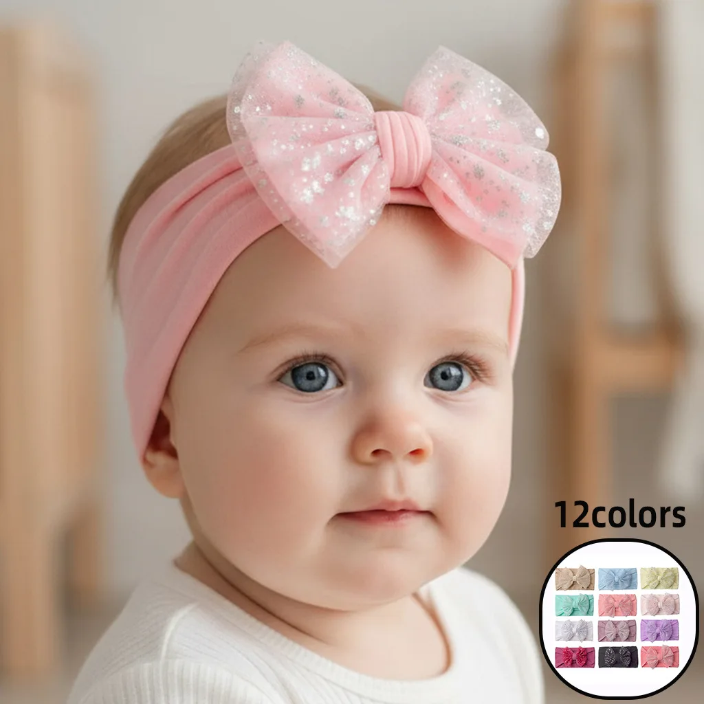 

36 Pcs/Lot, Lovely Glitter Mesh Bow Super Soft Baby Nylon Headband Infant Newborn Turban Headwraps Children Headwear