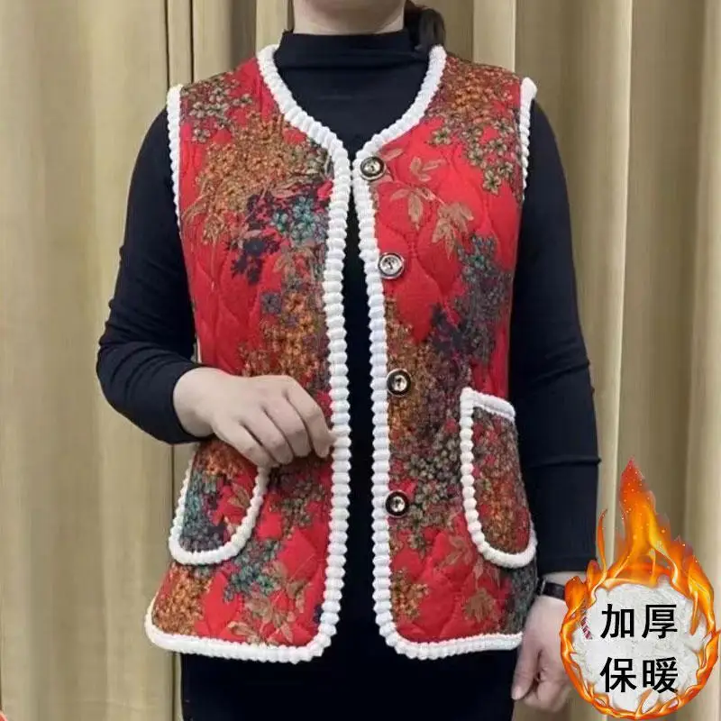 

Autumn Winter Women Vest Coat New Printed Fleece Warm Sleeveless Jacket Female Waistcoat Large Size Middle-aged Mother Vests 5XL