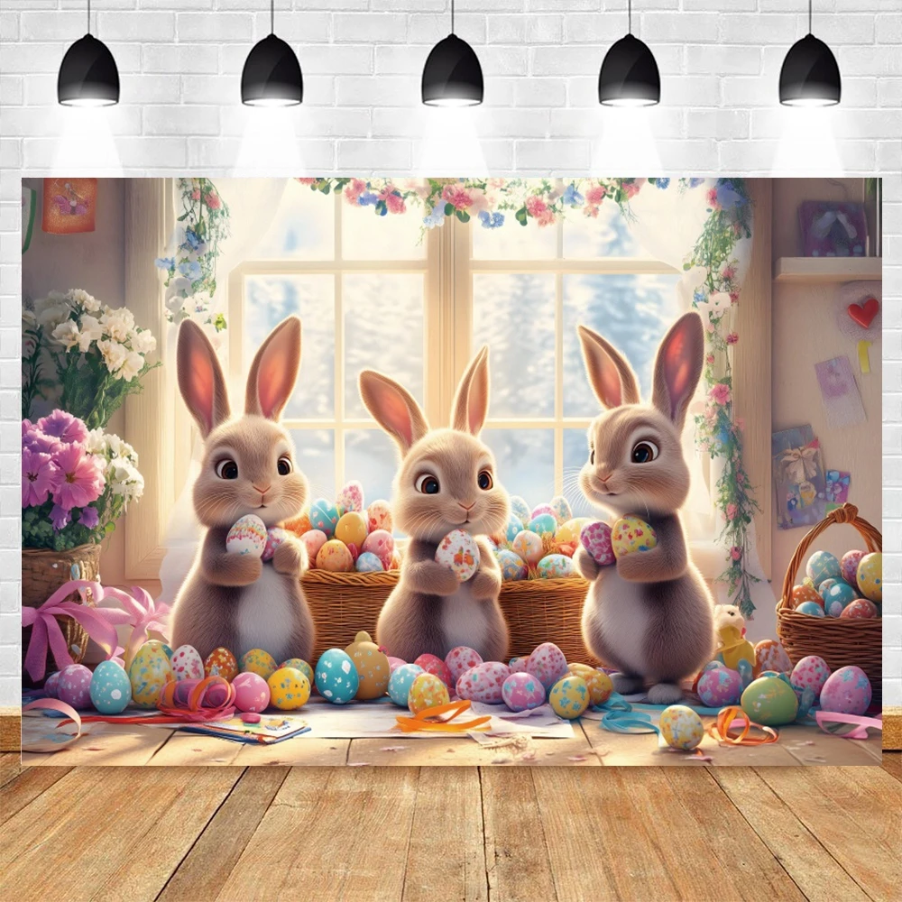 AI Scene Easter Backdrop Photography Spring Cartoon Natural Landscape Cute Rabbit Eggs Kids Party Decoration Photo Background