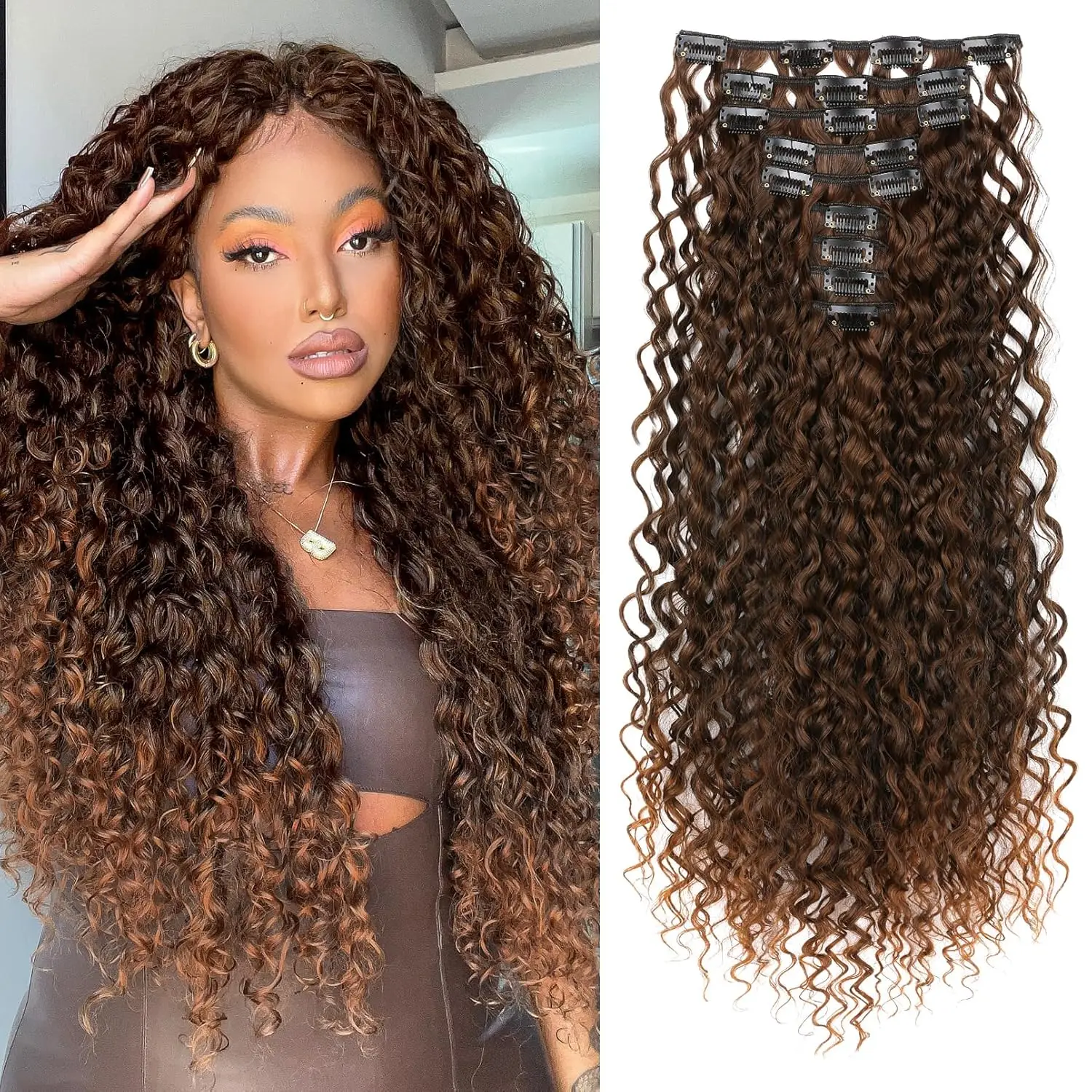 

9PCS Clip-in Hair Extensions Kit Long Soft Curly Hair Extension Synthetic Kinky Curly Hairpieces Full Head Fake Pieces for Women