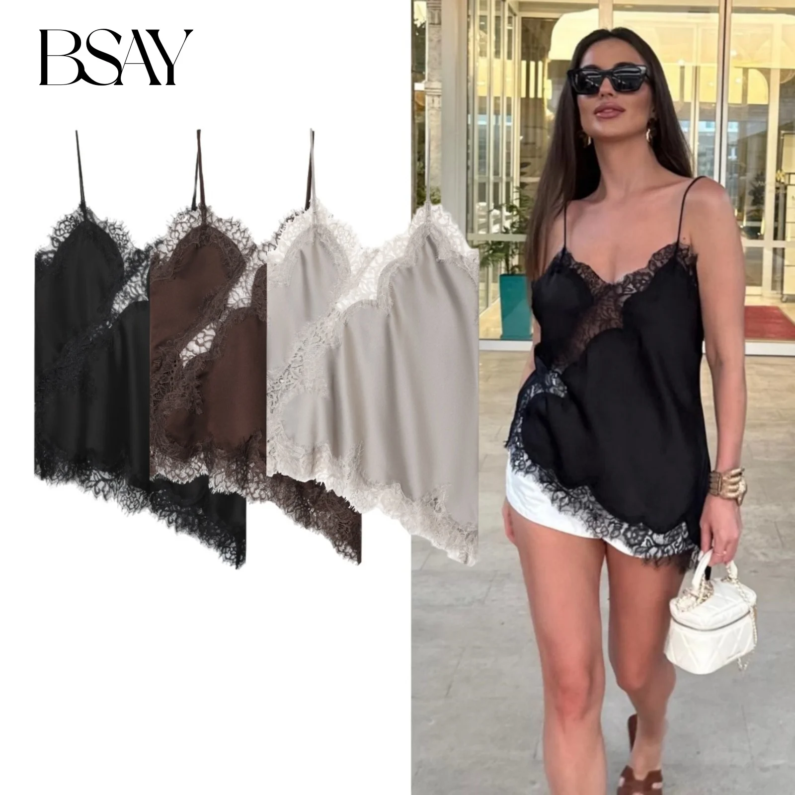 BSAY Spitze Patchwork Satin Weste Damenbekleidung 2025, neuer schwarzer Saum, asymmetrisch, sexy V-Ausschnitt, Leibchen, schicke Damen-Tops, Damen