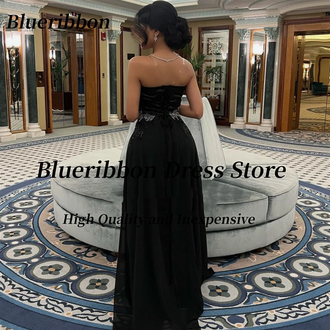 Blueribbon Black Chiffon Side Slit Prom Party Dresses Ruched Strapless Beaded Sash Robe Des Marrige Lace Up Back Evening Gowns