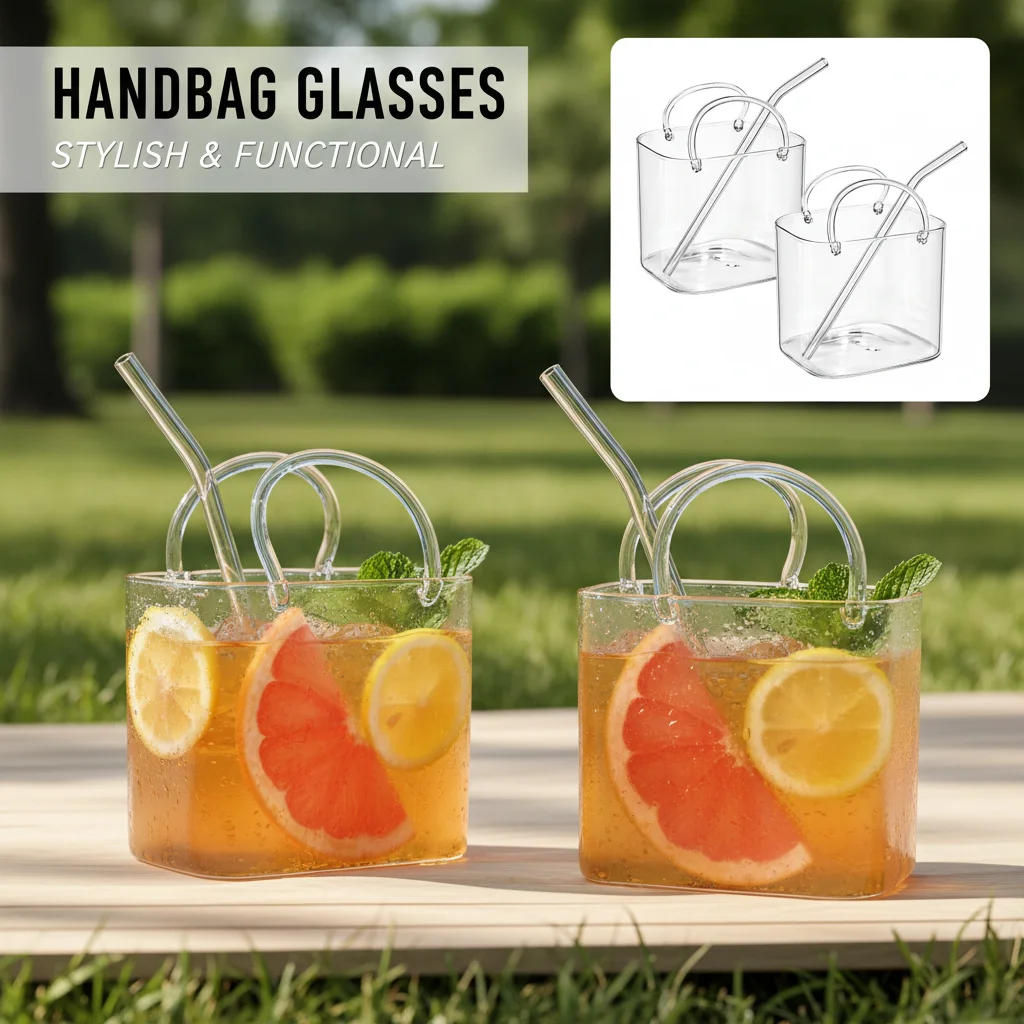 Glass Handbag Shaped Wine Cup with Straw Creative Fruit Design Cocktail Cup Set with Tray for Bar Juice Network Tipsy Drinkware