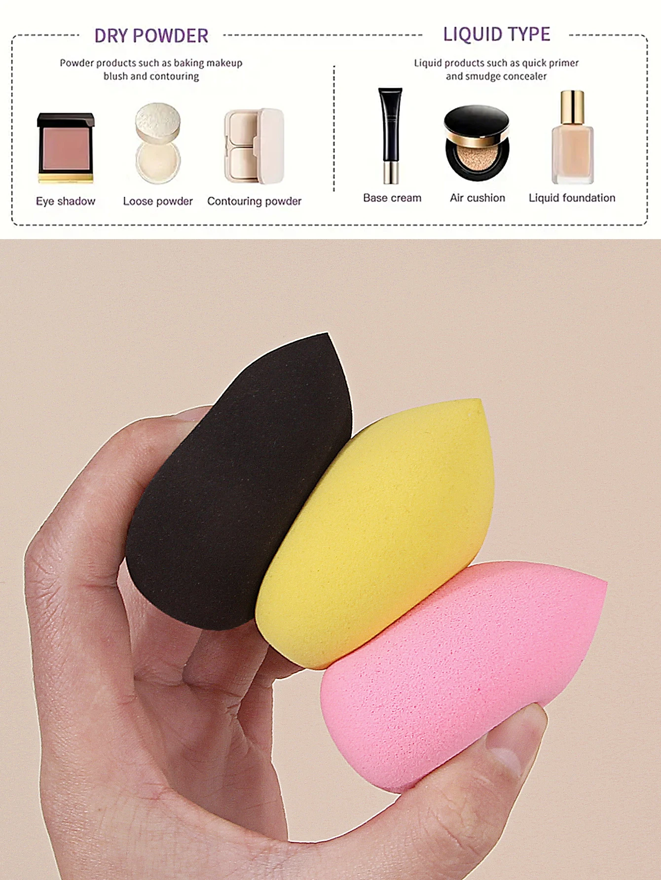 6 uds huevo de belleza de gota de agua de 3 colores, corrector de base de doble propósito suave, húmedo y seco sin látex, fácil de usar para principiantes