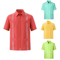 Men's Traditional Cuban Camp Collar Guayabera Shirt Short Sleeve Embroidered Mexican Caribbean Style Beach Shirt with 4 Pocket