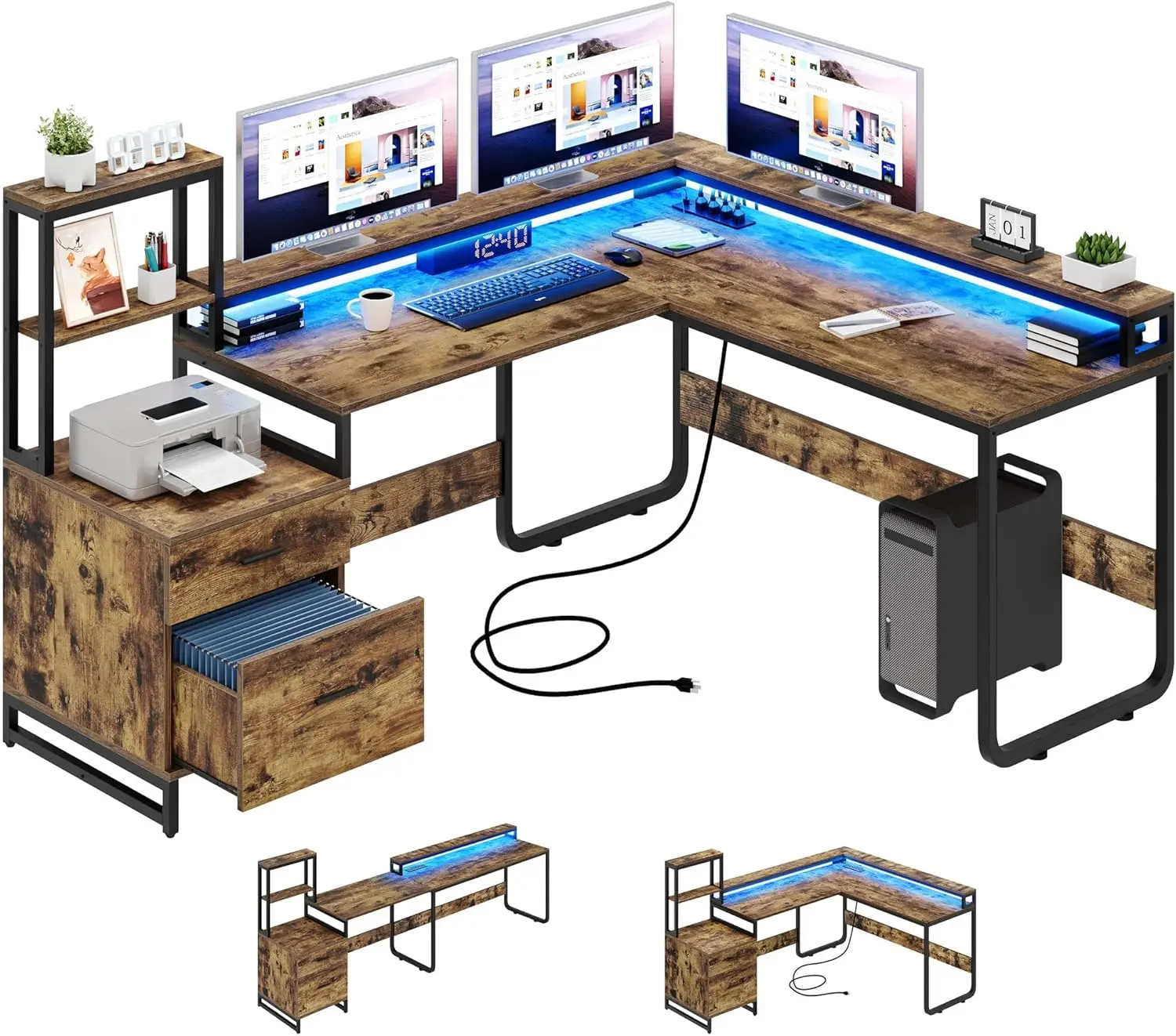 L Shaped Desk with Power Outlets & LED Lights, Reversible Computer with Drawers & Hutch, Office Desk