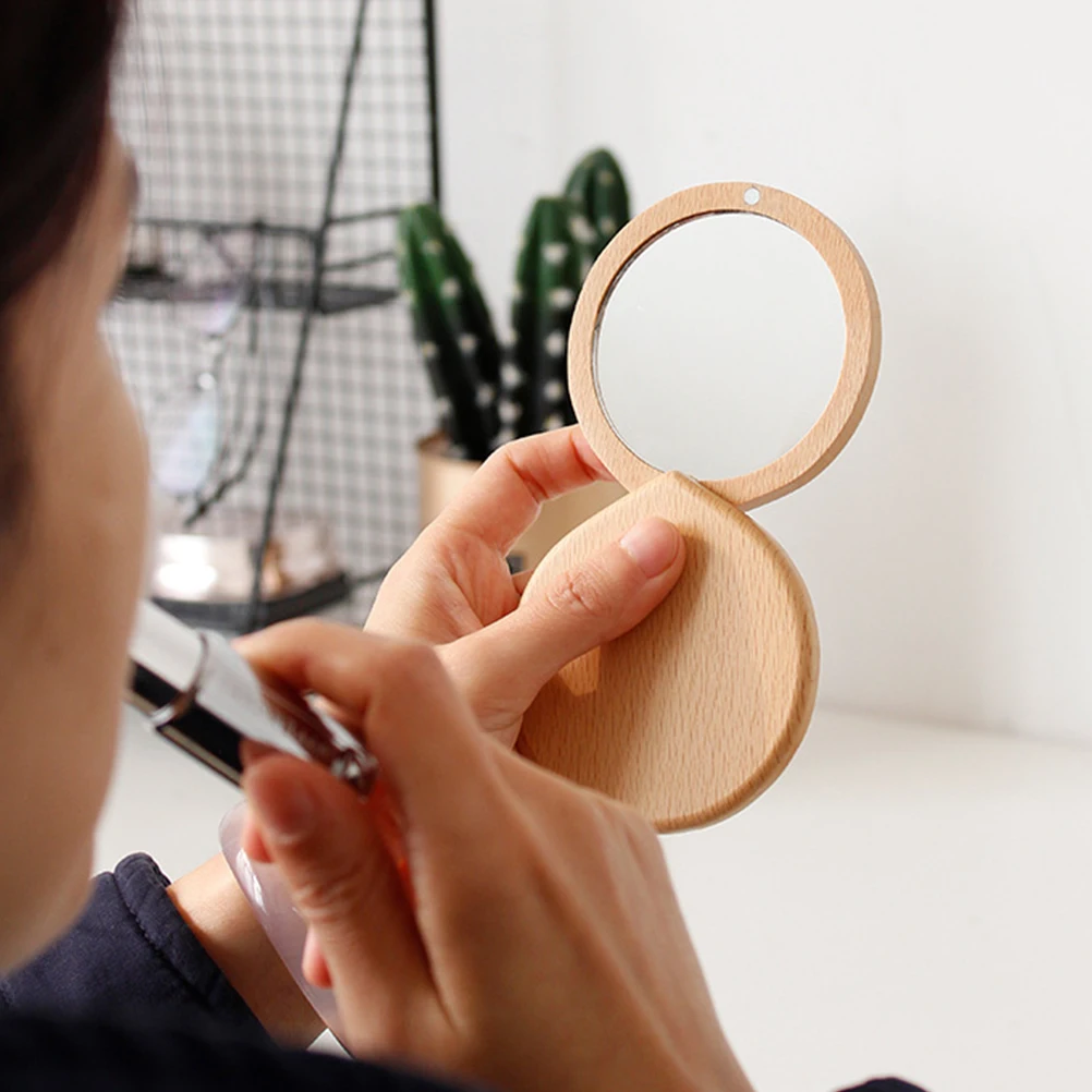 

1pc Wooden Small Mirror Durable Practical Lightweight Portable Compact Size Scratch Resistant Perfect Gift Makeup Mirror Pocket