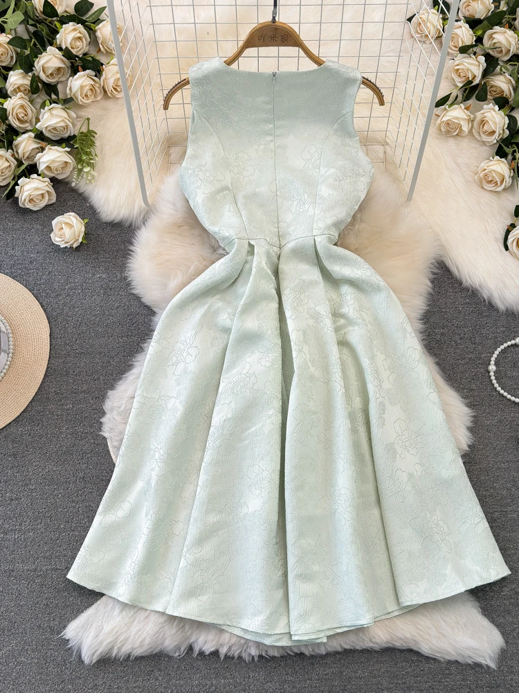 Summer Fashion Party Dress Women Sleeveless Round Neck Mid Length A-line Jacquard Dresses Vintage Slim A-line Casual Long Robe