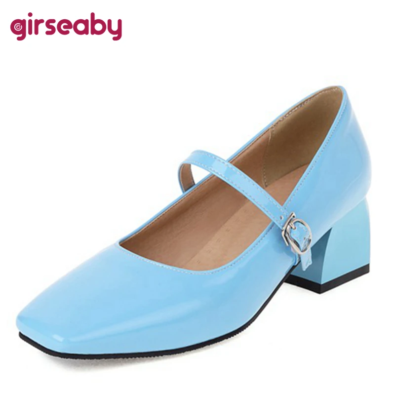 Girseaby 2024 Retro Pumps Square Toe Mary Janes Buckle Strap 5cm Chunky Heel Shoes US20 Black Red Apricot Blue Yellow A4247