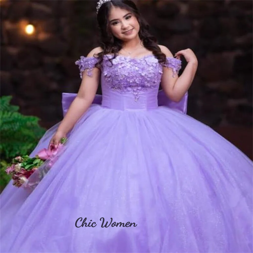 Cinderalle Lilac Quinceanera Dresses 2023 Off Shoulders Sweet 15 Dress Ball Gown Flowers Vestidos De Xv Baile Corset Big Bow