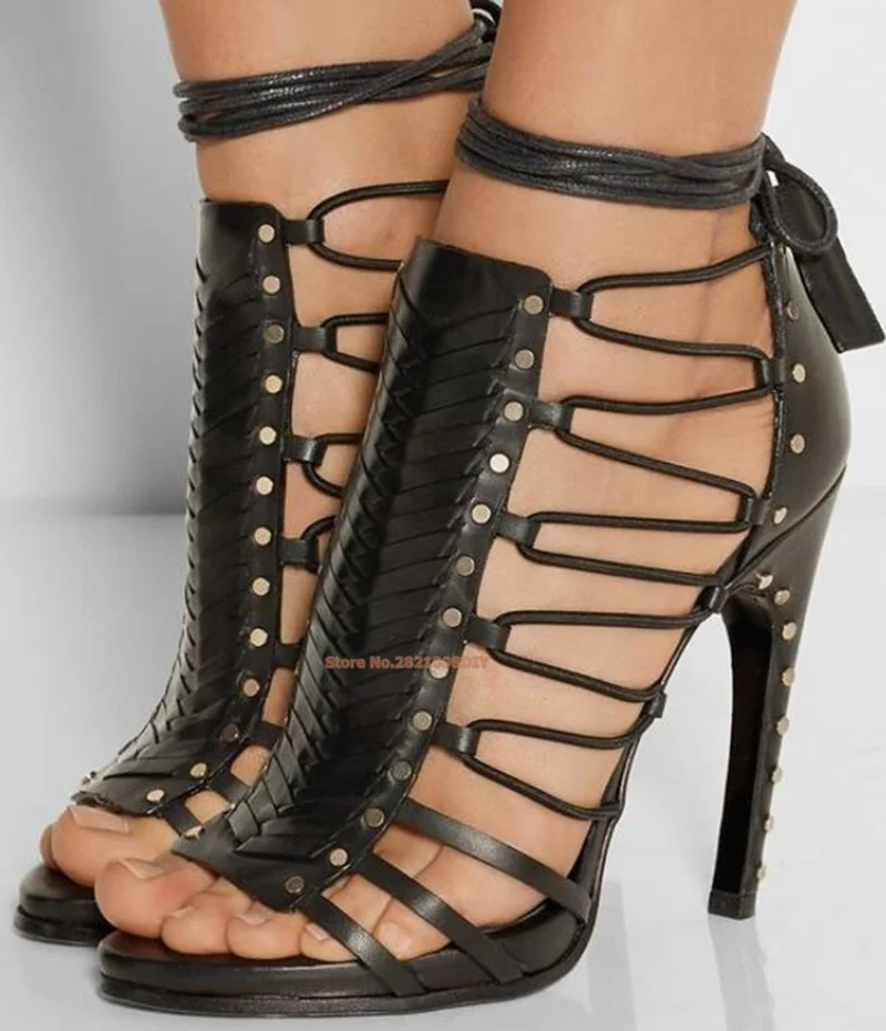 

Designer lace-up peep toe high heel sandals women fashion summer cut-outs thin heels strappy shoes