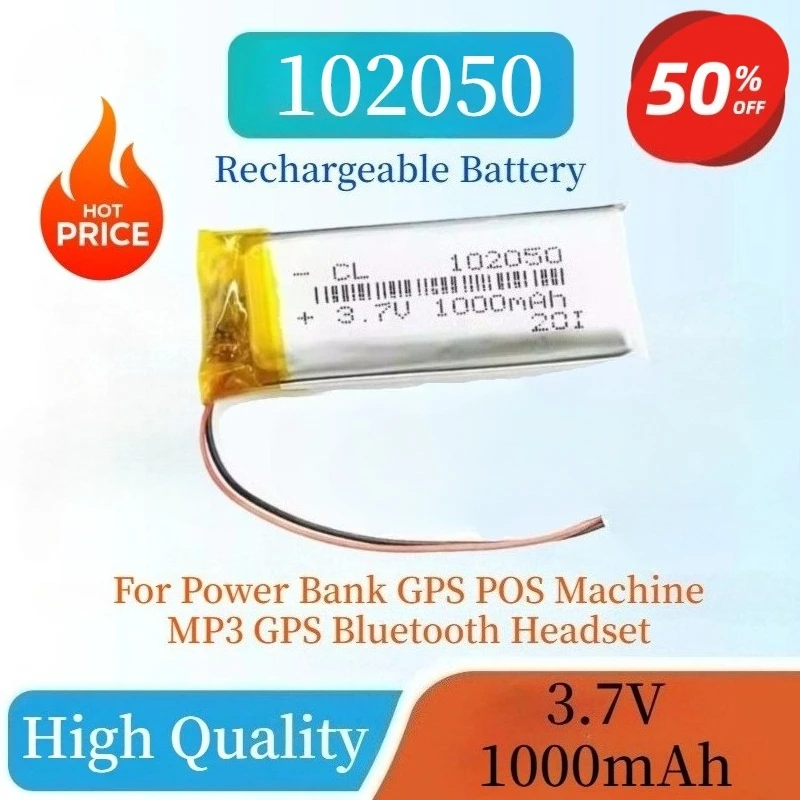 

5PCS New 102050 Rechargeable Lithium Polymer Battery 3.7V 1000mAh For Power Bank GPS POS Machine MP3 GPS Bluetooth Headset