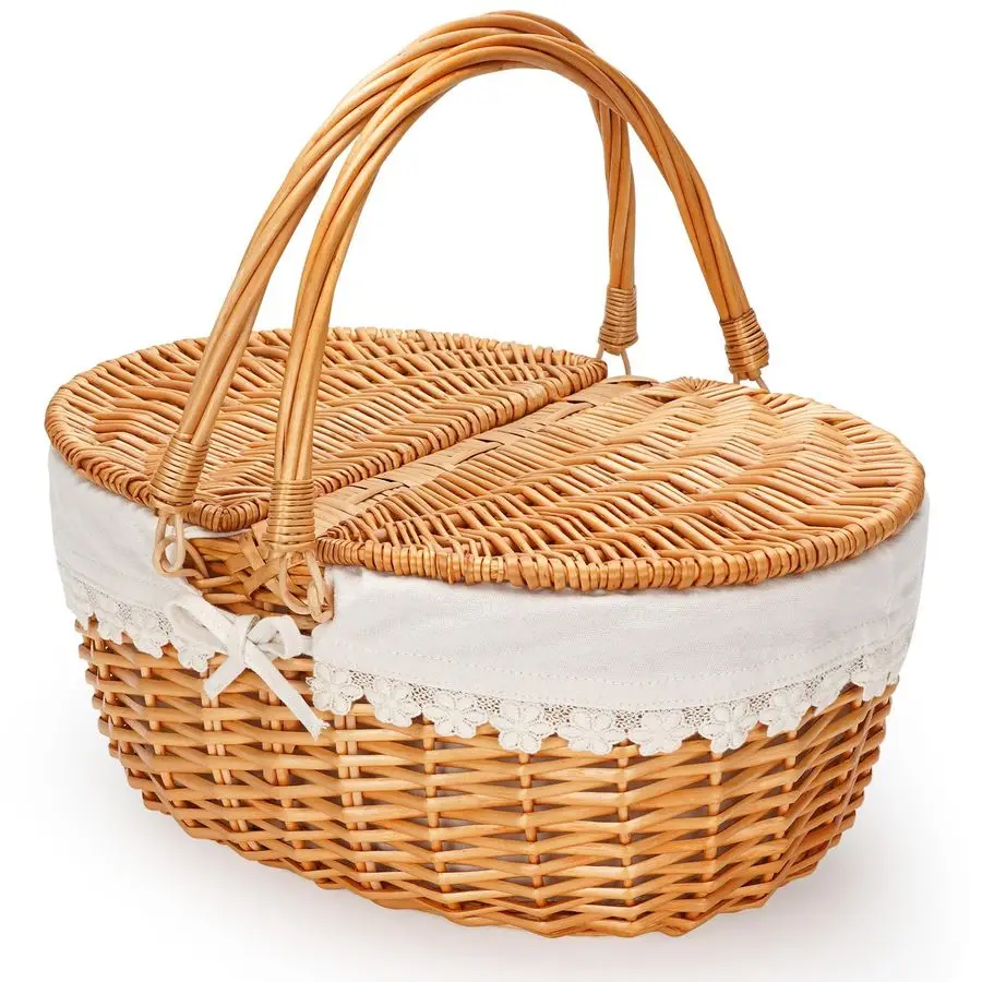 

Picnic Basket with Removable Liner, Empty Picnic Baskets with Lid, VintageStyle Picnic Hamper with Folding Woven Handle for Picn