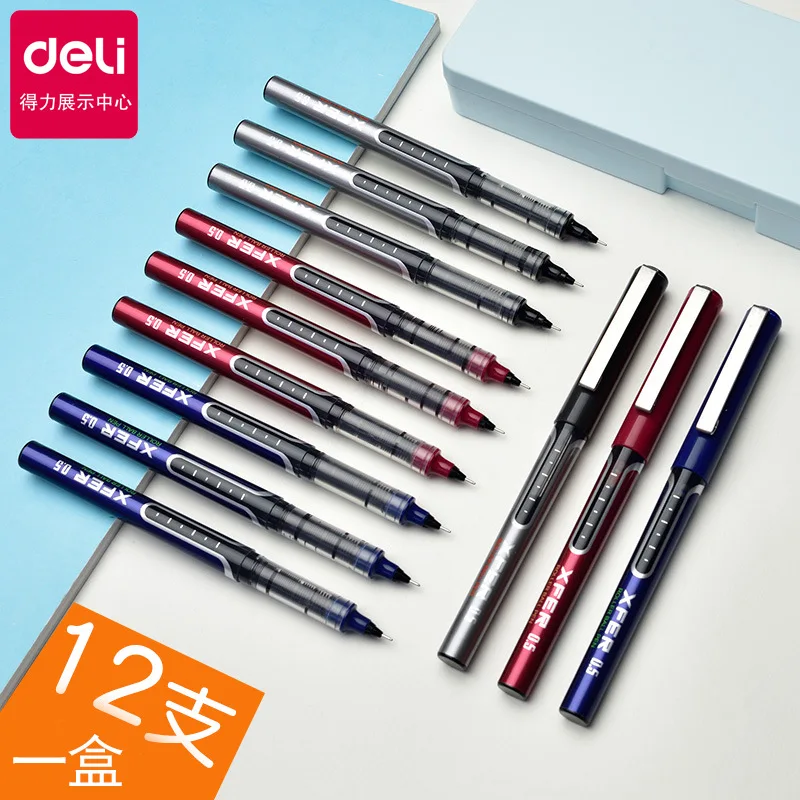 Deli-bolígrafo de Gel líquido S657 de secado rápido para estudiantes, bolígrafo recto de 0,5mm, negro, rojo y azul, suministros de aprendizaje para