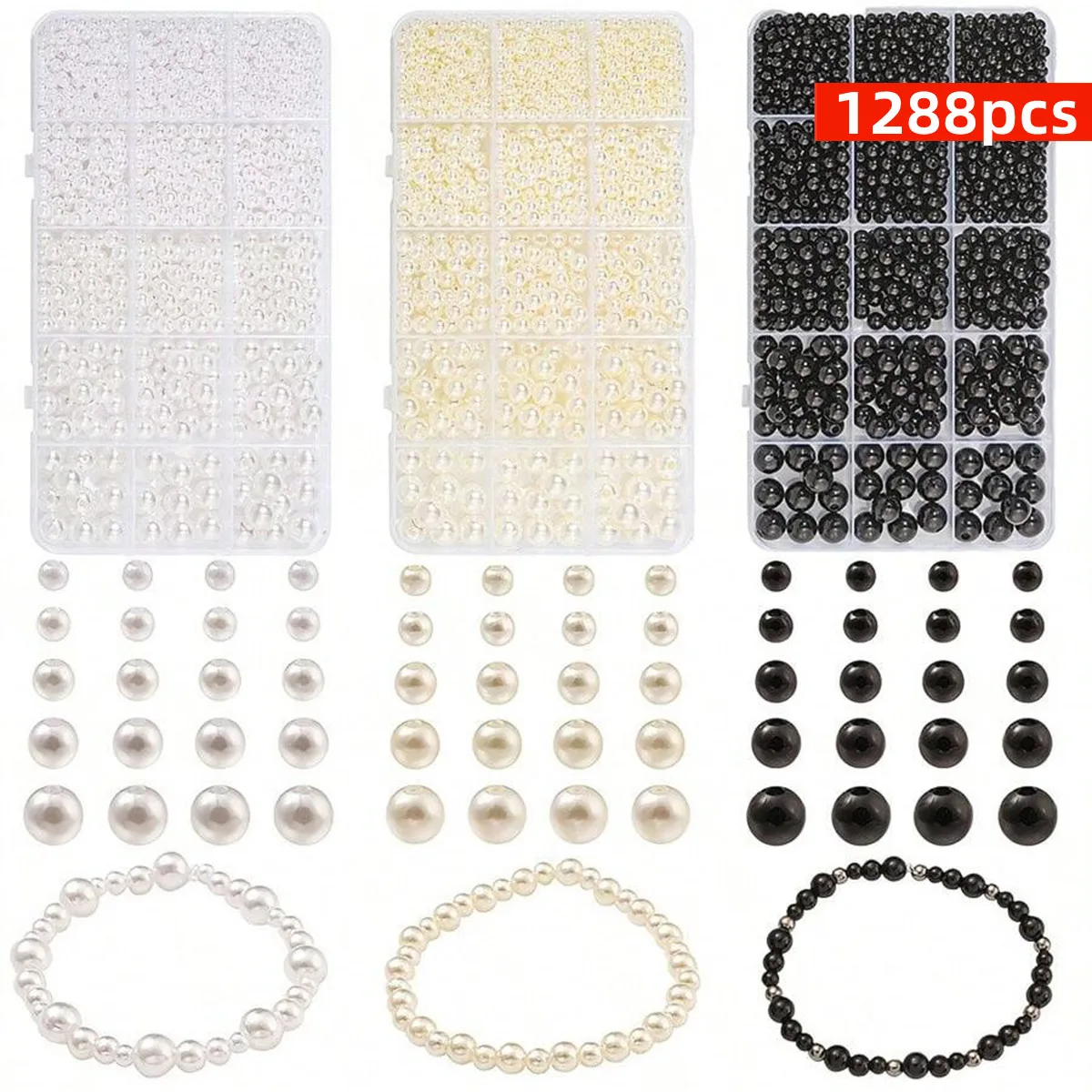 1288 unids/set caja de juego de 4/5/6/8/10mm en negro, blanco y beige, adecuada para hacer pulseras, ideal para joyas de expertos para principiantes