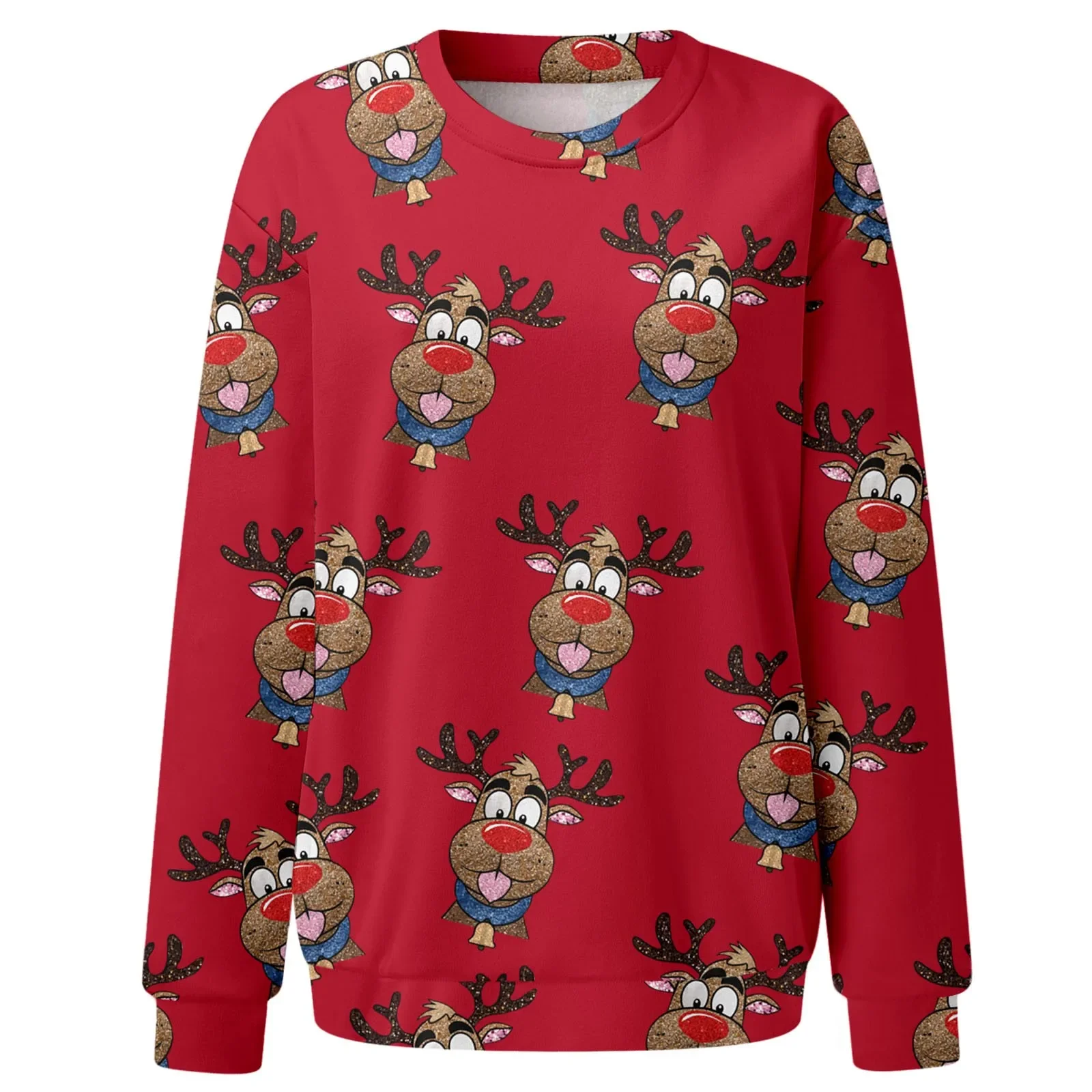 Cartoon Elk Full Print Women's Christmas Ugly Pullover Sweater 2025 New Year Long Sleeve O-Neck Funny Graphic Sweatshirts Autumn