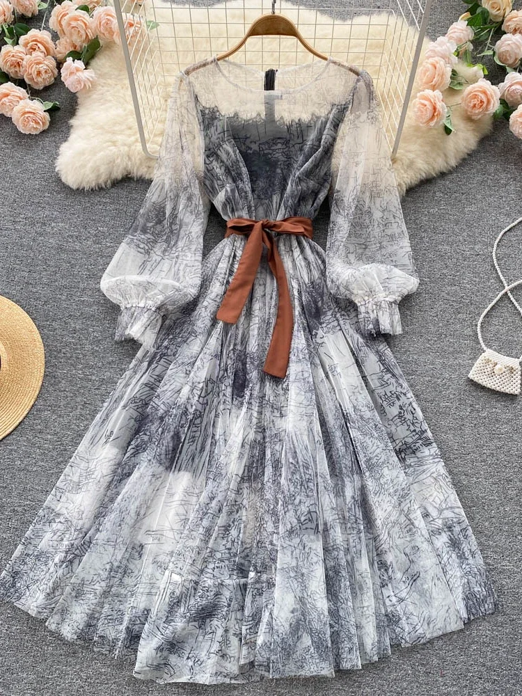 Elegant Women Mesh Dress Vintage Lantern Sleeves Printed Party Dresses Spring Summer Patchwork A Line Bandage Beach Dress