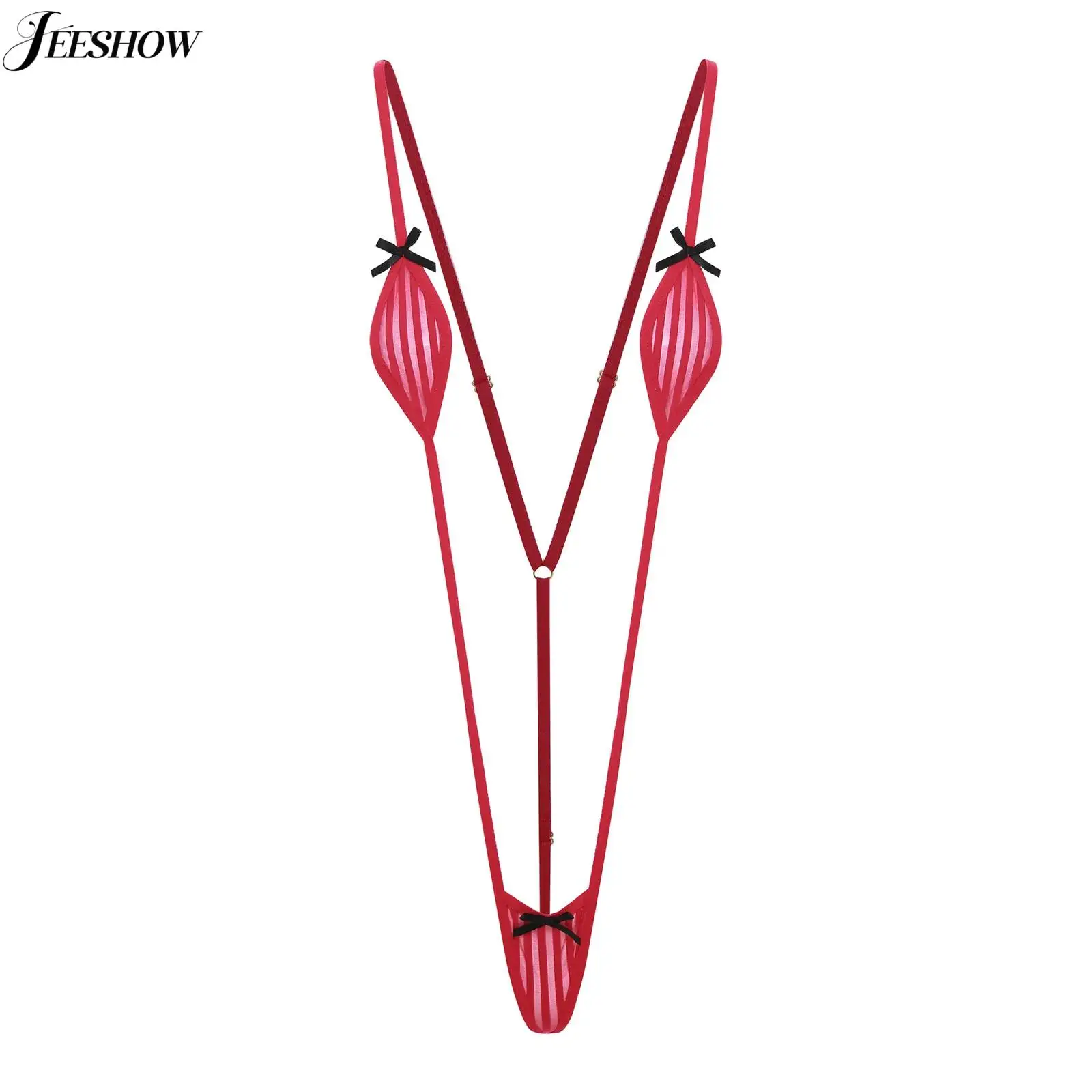 

Womens See Through Mesh Micro Bodysuit Bowknot Striped Sheer Mesh Adjustable Spaghetti Sling Bodysuit Monokini Nightwear