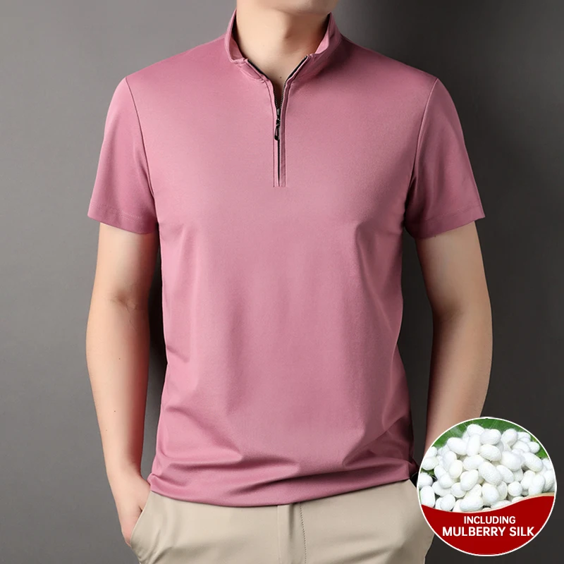 Camisa polo de seda amoreira masculina, tops casuais de manga curta, roupas lisas luxuosas com zíper, seda de alto nível 4,7%, verão, nova marca