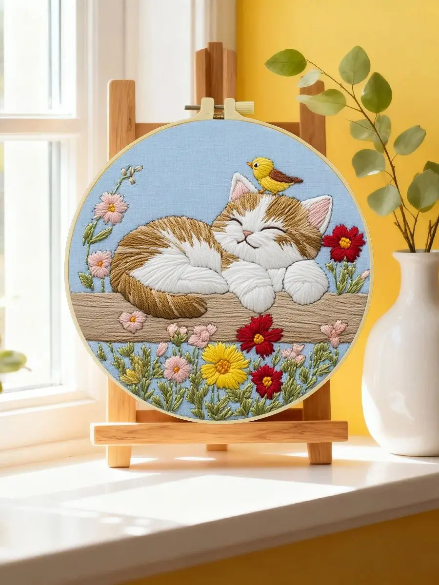 1 Stück 20X20CM/15X15CM 7,87/6,3 Zoll Die kleine Katze im Garten Taschen-Stickerei-Starter-Kit DIY-Kit DIY-Stickerei-Set Handarbeiten – Detail 6