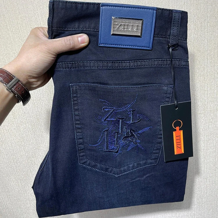 

Spring Summer New Style Thin Jeans Men Straight Leg Lightweight Luxury British Elastic Taggings mid Low Waist Zipper Closure