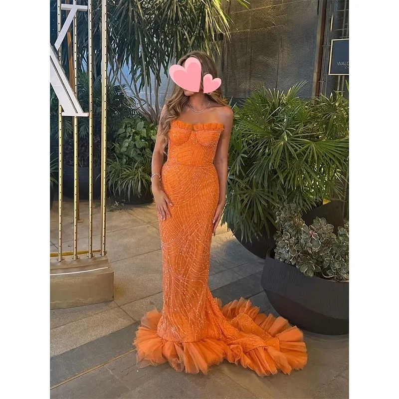 Vestido de noche naranja elegante sin tirantes, traje Formal de encaje brillante, sirena, personalizado, fiesta de cumpleaños, 2024