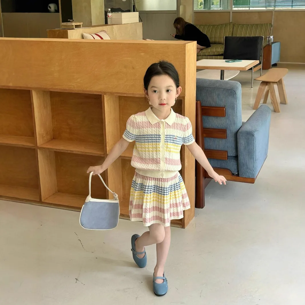 Costume d'été pour filles, vêtements pour enfants, Style coréen, jupe Cardigan à rayures colorées à nouer, deux ensembles décontractés pour tous les jours, nouvelle collection 2025