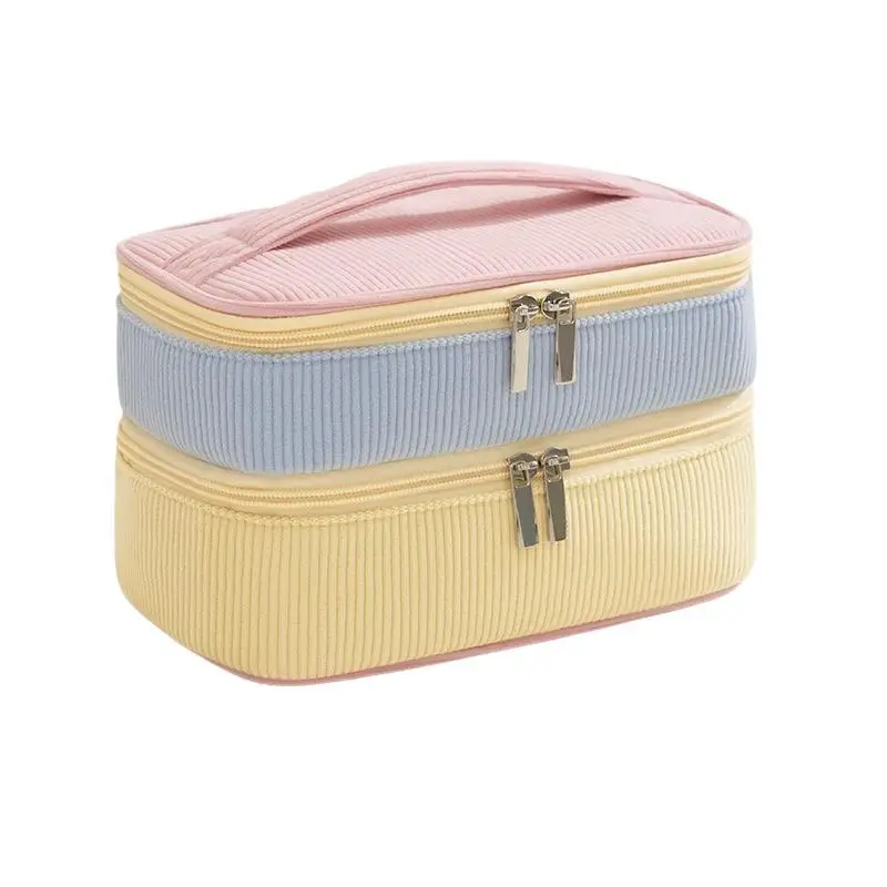 Doppellagige Cord-Kosmetiktasche mit großer Kapazität und Bürsten-Aufbewahrungsfächern, perfekt für Reisen und den täglichen Kosmetik-Organizer. – Detail 7
