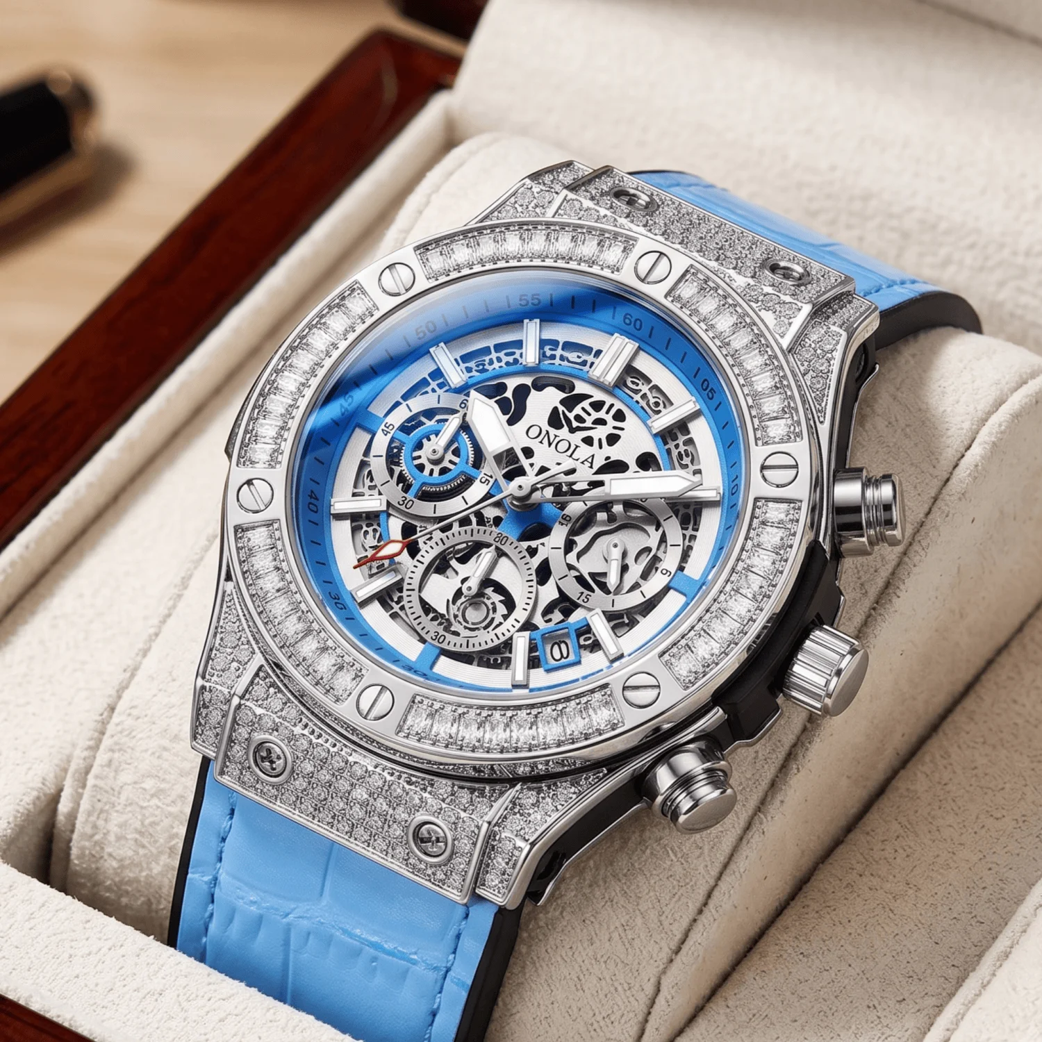 ONOLA full diamond bezel men's watch skeleton hollow chronograph quartz watch red leather strap waterproof night light luxury sp