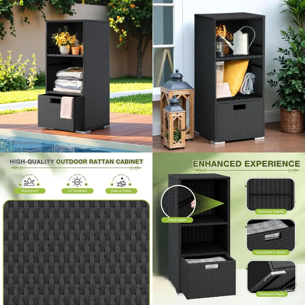 Black Outdoor Rattan Storage Shed with Towel Rack and 2 Shelves for Pool, Patio, Garden, Deck