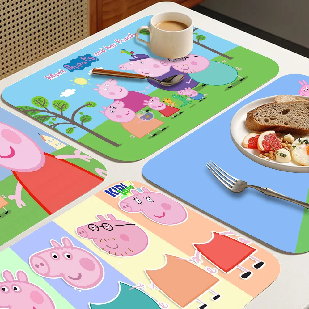 Cartoon P-PEPPA-PIGS Kitchen Drainage Mat Retro Style Dish Drying Pads Absorbent Placemats Drainer Tableware Mats Accessories