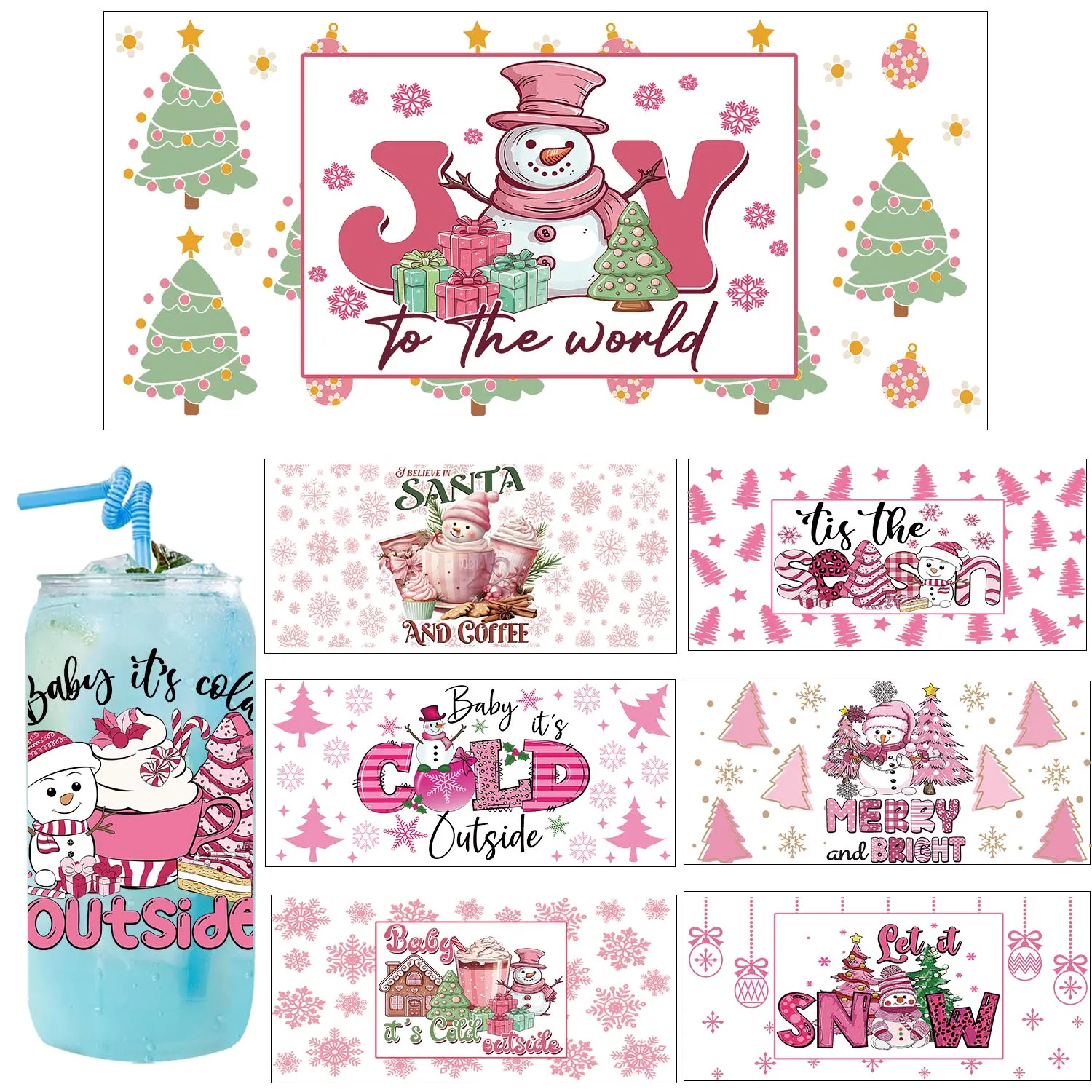 30 Style Pink Cozy Merry Christmas waterproof Party DIY Decals 3D transfers uvdtf tumbler stickers 16oz uv dtf cup wraps