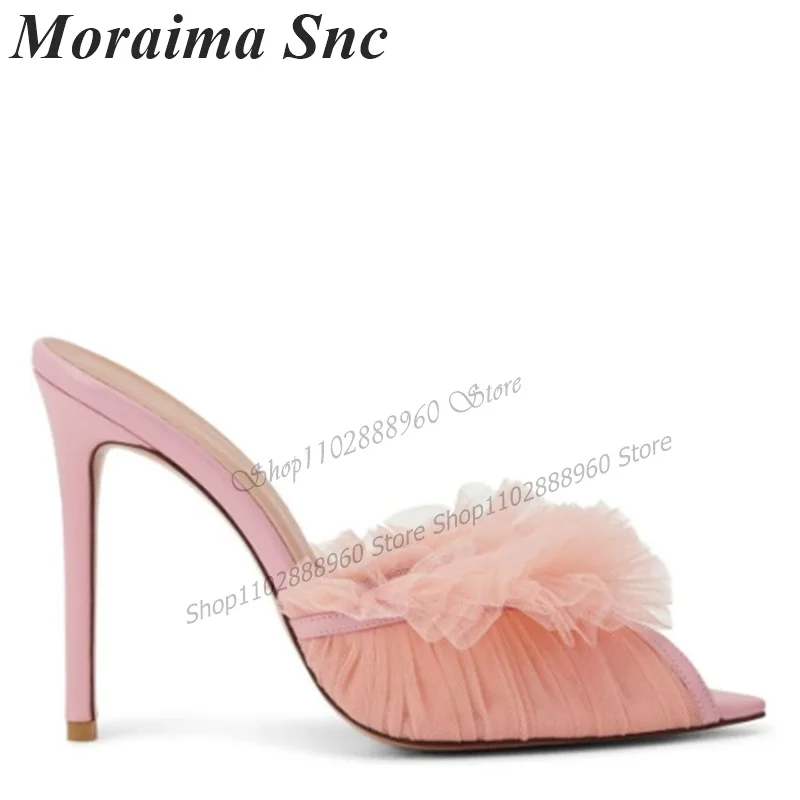 

Elegant Style Pink Air Mesh Decor Slippers Cut Heel Thin High Heel Shoes For Women Slip-On Peep Toe 2023 Zapatos Para Mujere