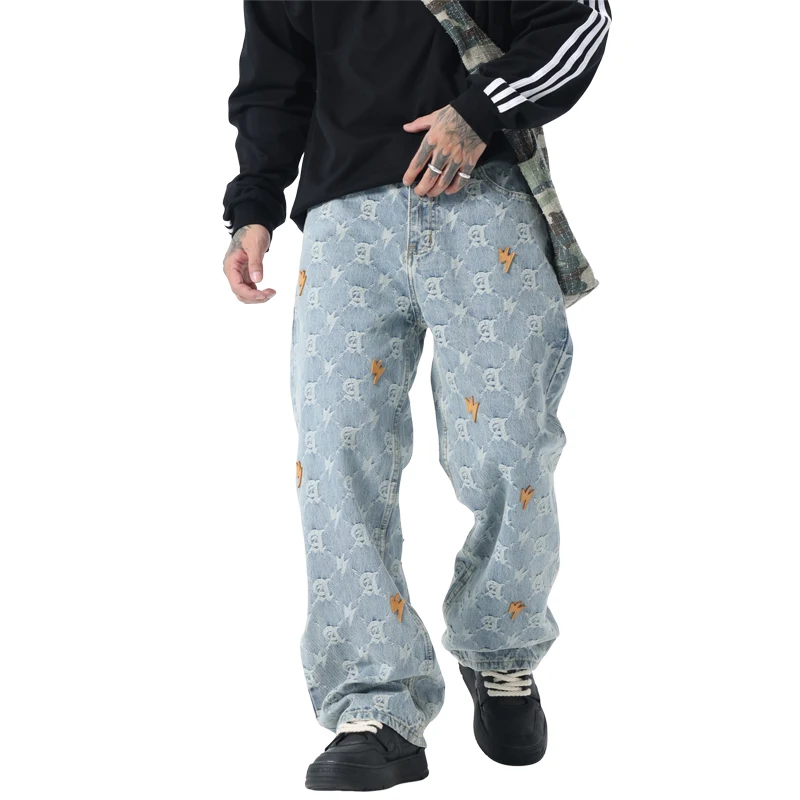 

Мужские брюки, мешковатые джинсы, модные свободные брюки с широкими штанинами, винтажный цветочный дизайн, модные брюки в американском стиле, повседневные