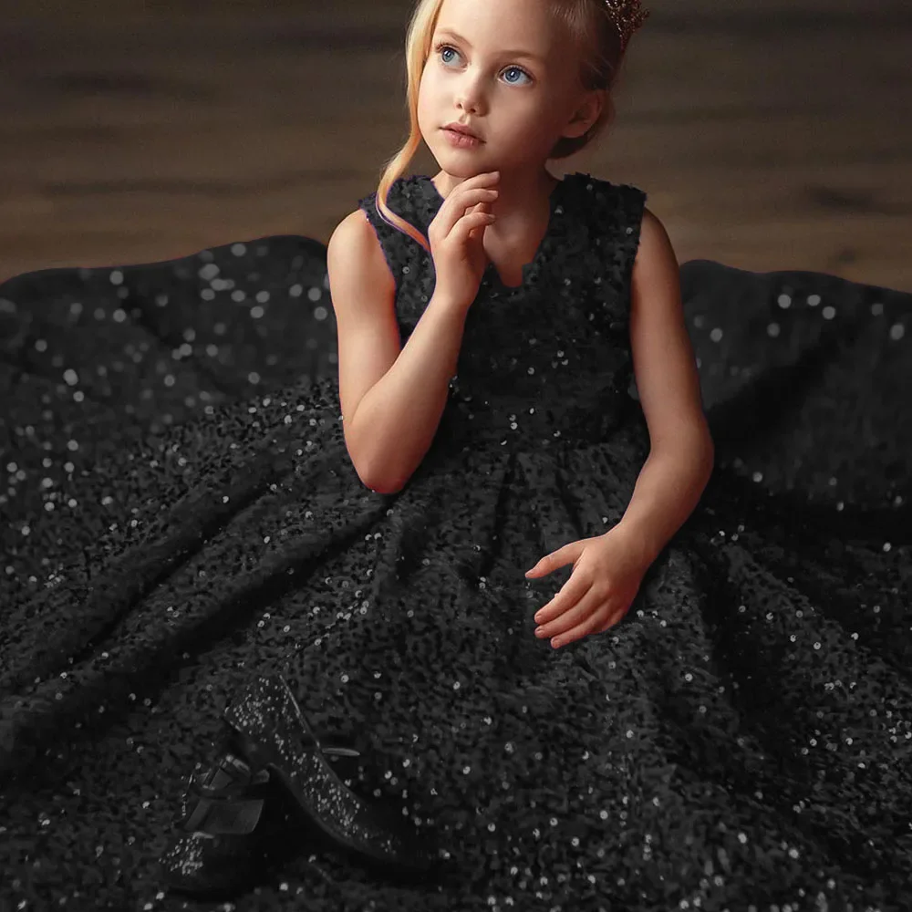 Glitzer lila Prinzessin lange Blumen mädchen Kleider Pailletten ärmellose Party kleid niedlichen Baby Geburtstag Weihnachts feier Gist