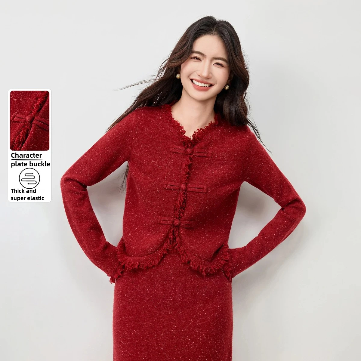 

SENTUBILA Chinese-Style Coral Fleece Cardigan Women Frog Clasp Sweaters Elegant Long Sleeve Knitted Female Clothing W54EB3729