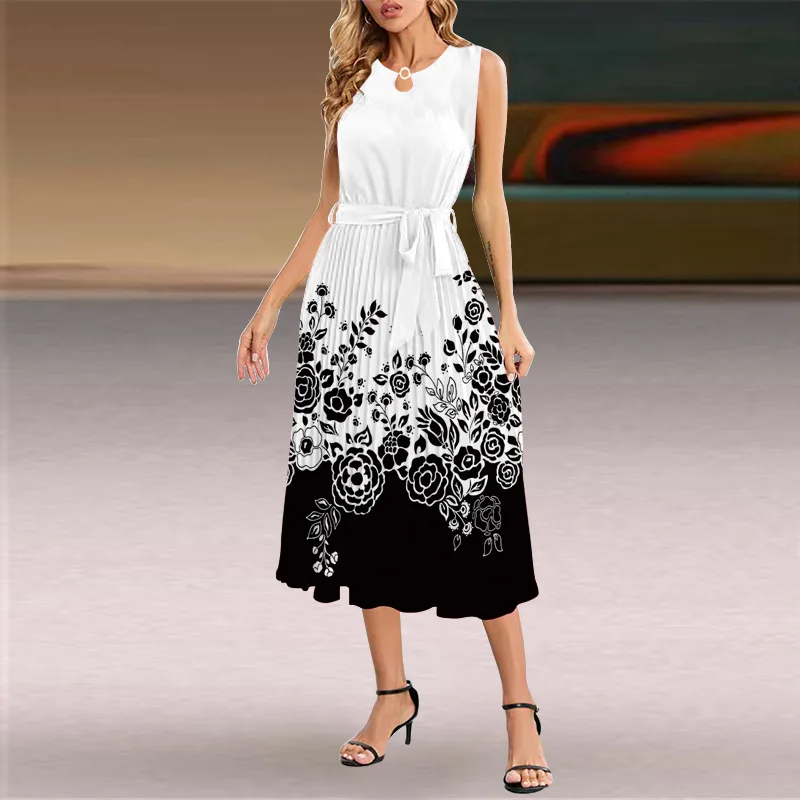 

Summer 2023 New round Neck Sleeveless Pleated Skirt European and American Foreign Trade Women's Clothing Slim Temperament Long D