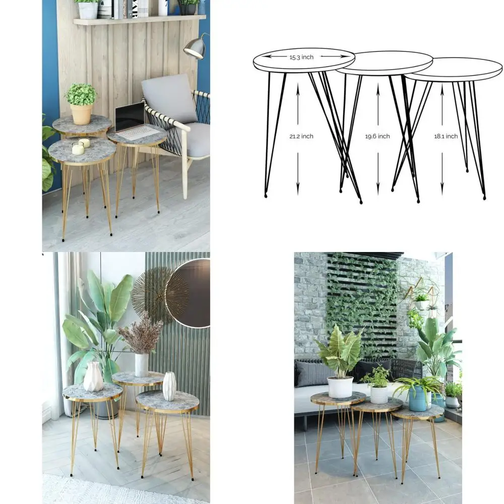 Set di 3 tavolini annidabili rotondi in legno con tavolini da caffè impilabili e gambe in metallo per soggiorno e ufficio domestico