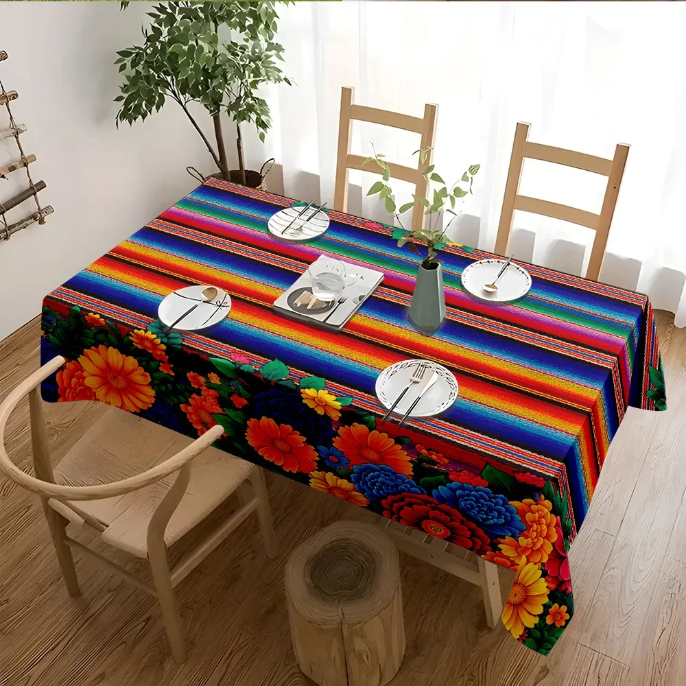 Mexican Striped Floral Day of The Dead Tablecloth for Table Decor Mexico Rainbow Marigold Kitchen Dining Table Cloth Party Decor