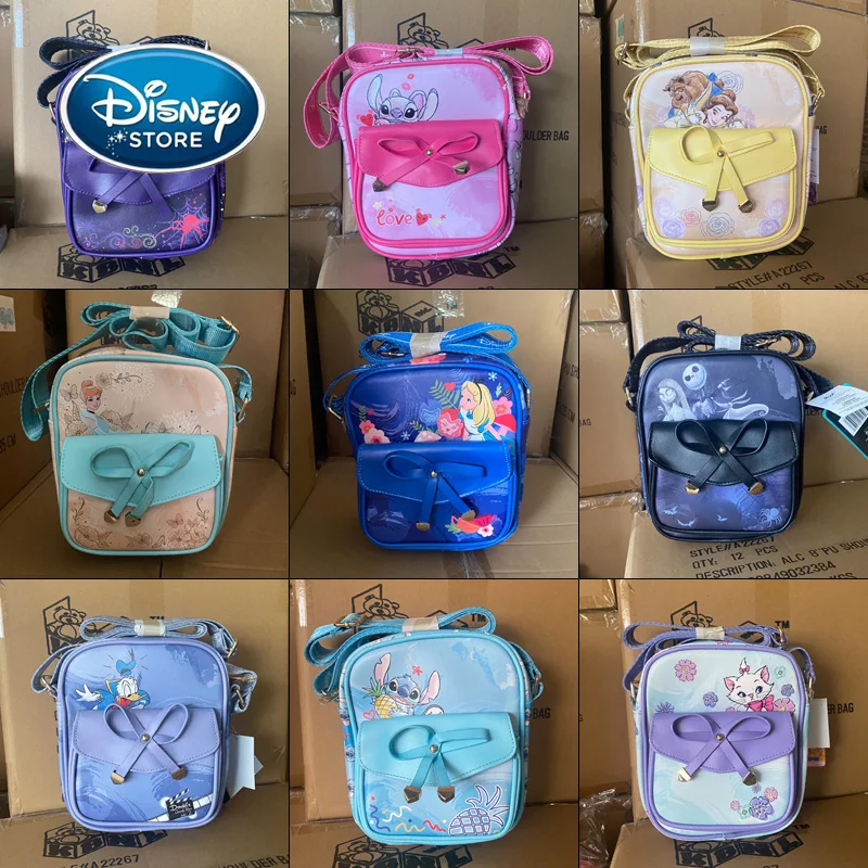 Disney Leather Children Crossbody Bag Side Backpack Waistpack Mini Cute Coin Purse Cartoon Stitch Mickey Mary Cat Princess Belle