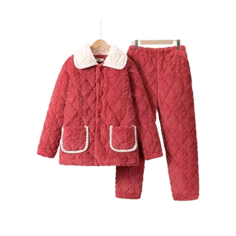 2024 New Winter Women's Pajamas Three Layers of Cotton Plush Thickened Warm Sleepwear Jacquard Velvet Loungewear Casual Homewear