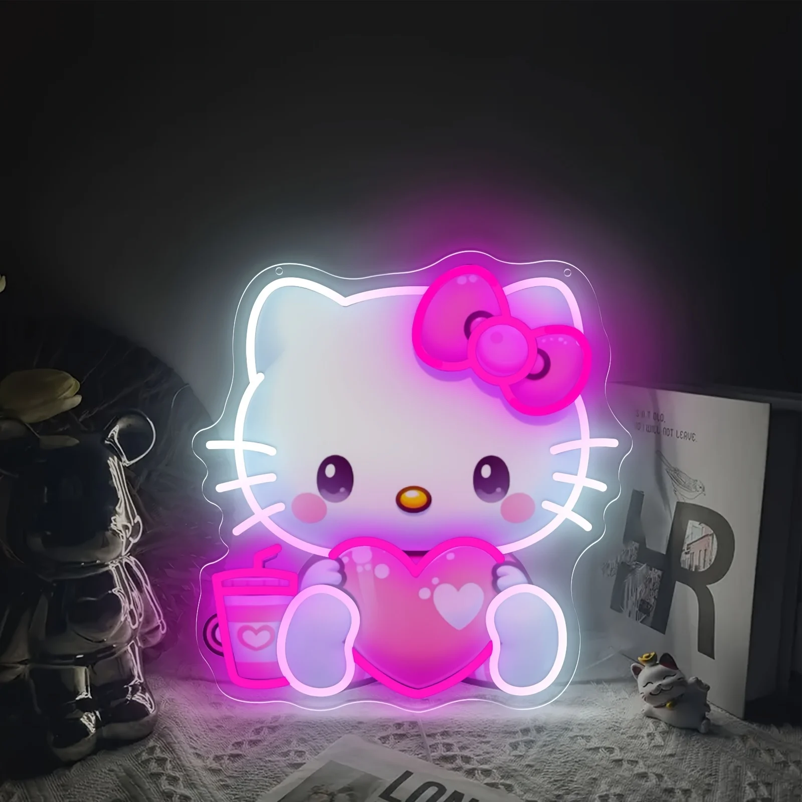 

Неоновая светодиодная вывеска Hello Kitty с сердцем, USB-питание, регулируемая яркость, настенный светильник для спальни, кафе, декора стен, подарок на День святого Валентина для влюбленных