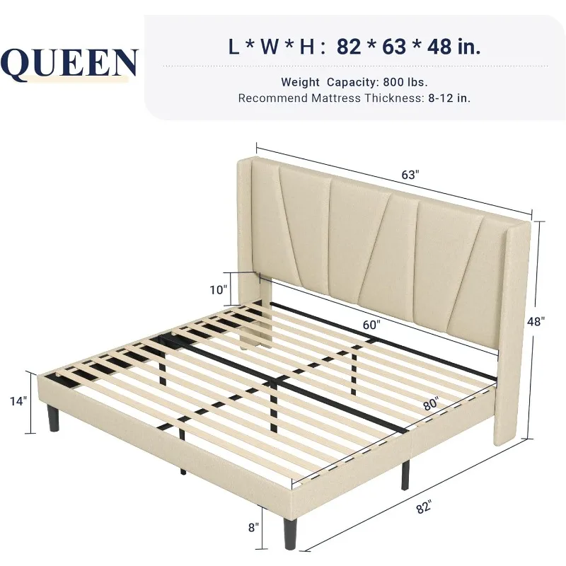 Platform Bed Frame with Geometric Wingback Headboard, Modern Upholstered Bed with Wooden Slats Support