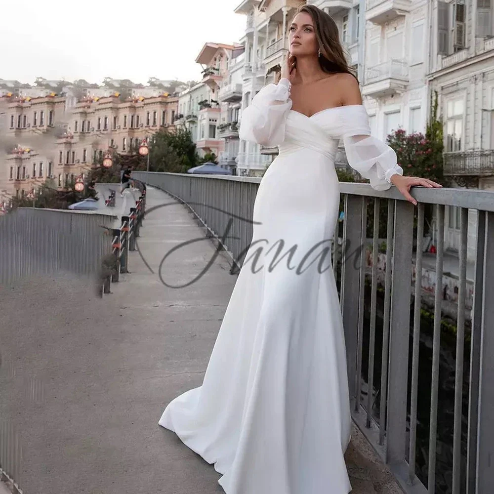 

Long Fuff Sleeves Beach Wedding Dresses Floor Length Off The Shoulder Satin Sexy Mermaid Dress Boho Bridal Gowns