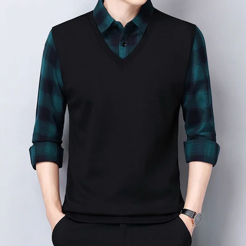 

Men Social Business Plaid Polo Shirts England Style New Lapel Long Sleeve Male Clothes Loose Casual Tops XT94