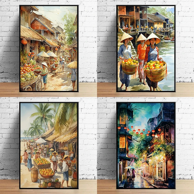 Póster de pueblo vietnamita, escena del mercado asiático, pintura en lienzo, imagen artística de pared de acuarela Vintage para decoración del hogar y la sala de estar